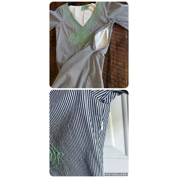 Judith March Blue and White Pinstriped Dress Mint Green Embroidery Size Small - Picture 7 of 11